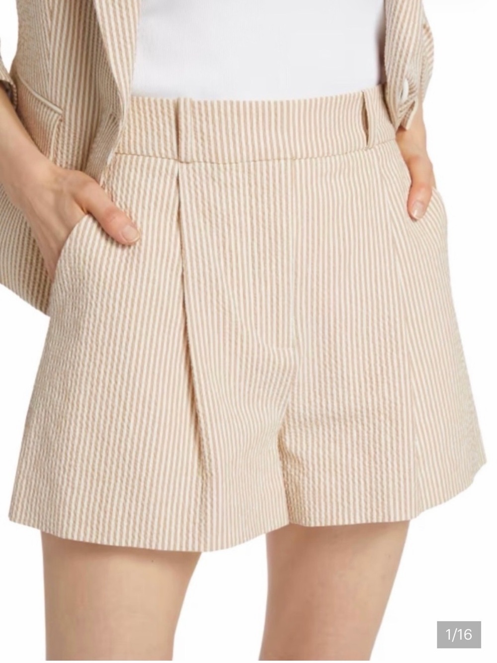 Veronica Beard Cream Seersucker Pleated High-Waist Shorts